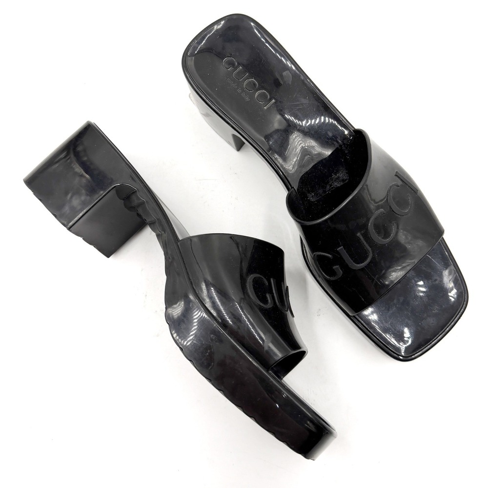 Gucci Rubber Slide Sandals Black Logo Square Open Toe Block Heel Mules Sz 37 / 7